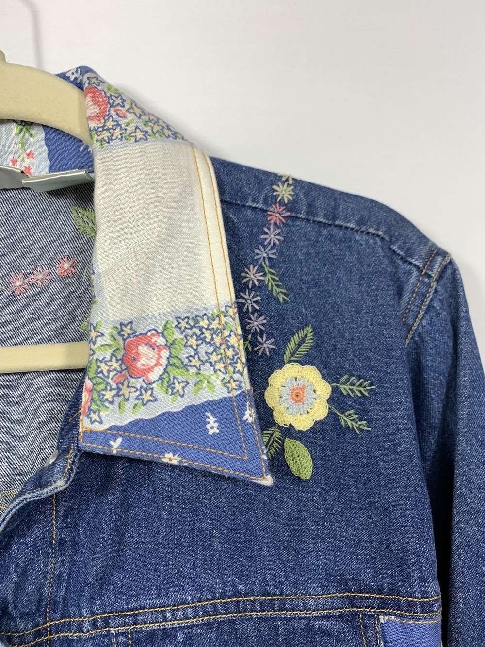 Susan Bristol Blue Denim Jacket with Pastel Floral Bow Patchwork Trim - Picture 10 of 13